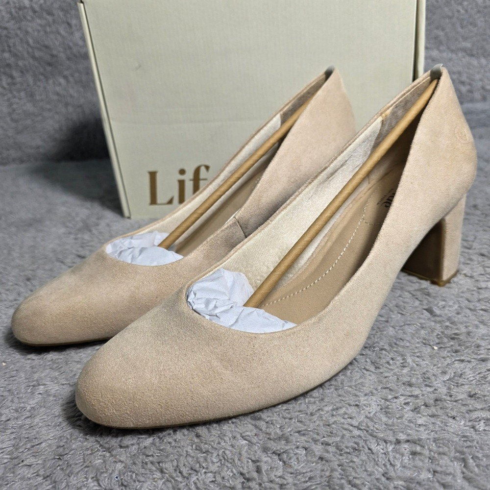LifeStride‎ Faux Suede Pumps Cream Beige Round Toe Block Heel 11 WIDE NEW